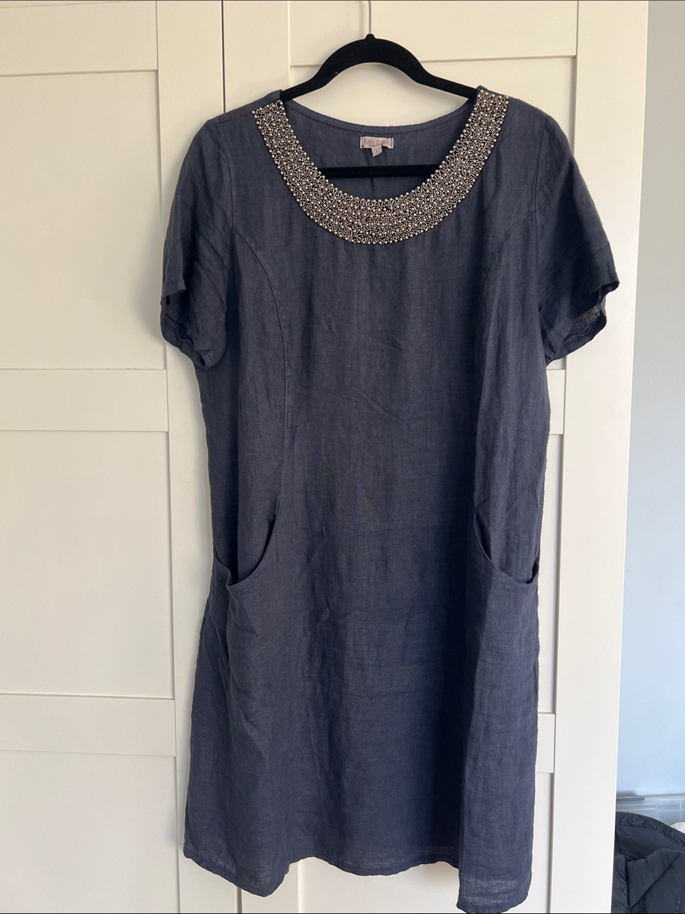 Beaded Scoop Neck Linen Midi Dress in Charcoal Gray